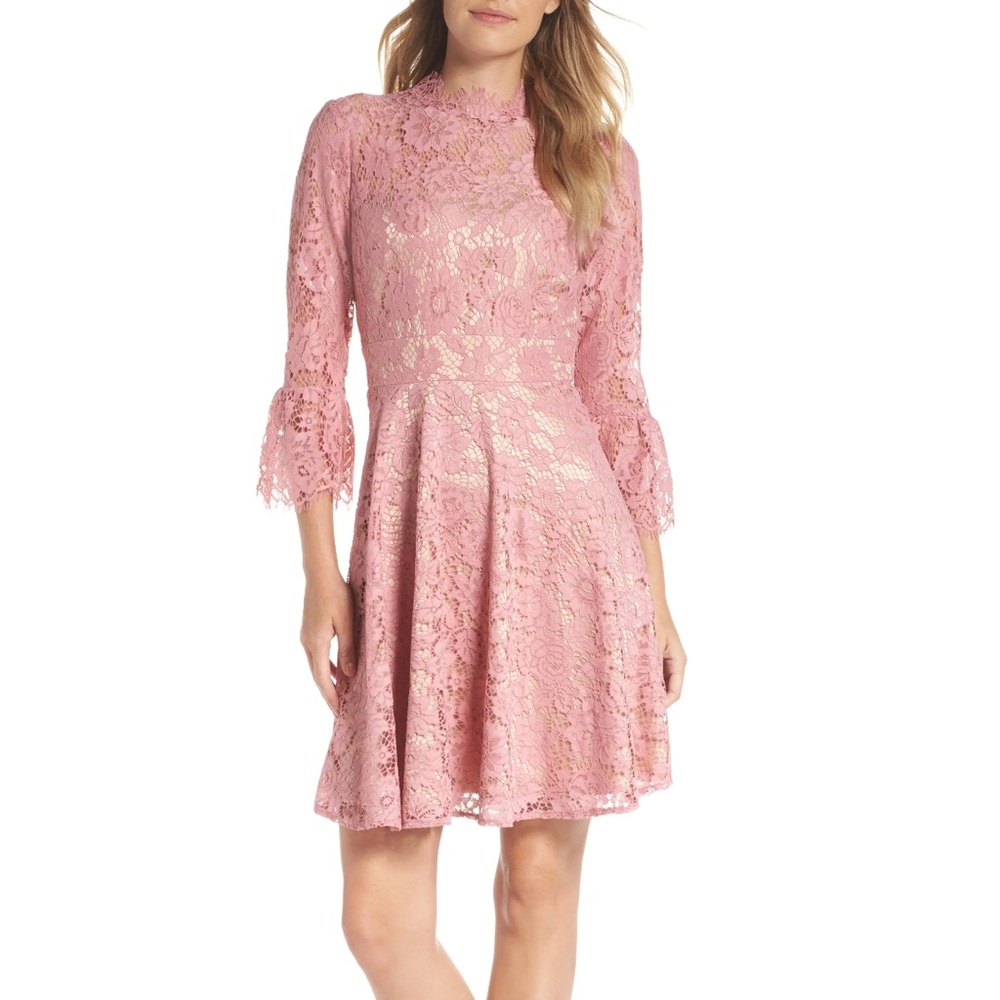 Eliza J Pink Belle Sleeve Lace Fit & Flare Dress